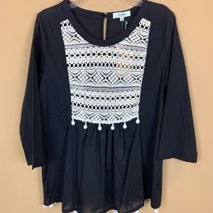 Umgee boho embroidered pom pom top